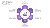 A central circular graph icon and six surrounding hexagons, each with an icon representing different aspects of marketing.