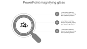 Gray themed infographic with a magnifying glass icon on the left and three numbered text sections on the right.