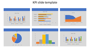 KPI dashboard slide featuring six charts vertical bars, horizontal bars, area graph, pie chart, and column bar graphs.