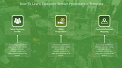Green themed slide featuring three icons for Ideal customer profile, value proposition, and customer journey mapping.