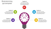 Purple brain inside a lightbulb icon with five colored icons in a radial layout representing brainstorming ideas.