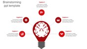 Brainstorming PowerPoint template with a red lightbulb and five labeled icons around it with captions.