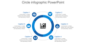 Circular business infographic with six blue nodes surrounding a central graph icon, connected by a segmented blue ring.