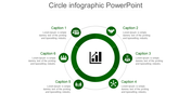 Circular diagram with a green ring, central bar chart icon, and six caption areas aligned to icons in white backdrop.