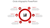 Red circle infographic PowerPoint template with six sections and captions around a central bar graph icon.