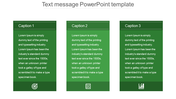 Text message-themed slide with three green boxes, each labeled, containing placeholder text areas and bottom icons.