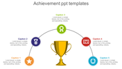 A gold trophy in the center with five colored icons arranged in a semicircle above, each linked to a caption area.