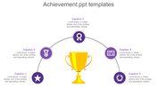 Achievement-themed slide featuring a central golden trophy with icons of medals and awards in a circular layout.