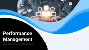 Performance management PPT template with KPIs, evaluation process, tools, and employee productivity insights.