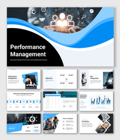 Performance management PPT template with KPIs, evaluation process, tools, and employee productivity insights.