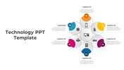 Technology themed slide with a circular layout featuring icons for devices, and six captions with colorful highlights.