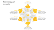 Technology circular infographic with six white and yellow segments, each containing an icon and linked to a caption area.