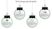 Technology themed diagram with four suspended circles, each containing a green icon and text, attached by black clips.