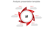Red circular analysis infographic with six labeled segments, and descriptions around a central data icon.