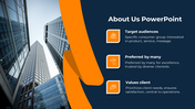 About us template with city skyscraper imagery and three orange boxes highlighted in a dark background.