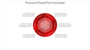Red segmented wheel infographic displaying six labeled processes in a circular flow with a central hub.