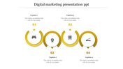 PowerPoint slide showing four key elements of digital marketing, with icons for gaming, webcam, servers, and projectors.