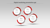 Marketing slide with four red circular shapes, dark segmented outlines, and shadows for a floating effect.