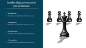 Leadership concept with a large black king chess piece in front of four black pawn pieces and placeholder strategies.