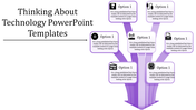 Technology diagram with six white text boxes branching from a purple central hub, showing icons like disk, chip, and printer.