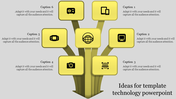 Technology themed slide with a tree design featuring seven yellow rectangles and black technology icons.
