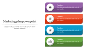 Marketing slide featuring four labeled banners in purple, red, blue, and green, each containing a circular icon and caption.