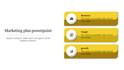 Marketing slide featuring three yellow bars with icons inside circular white elements, representing Business and Growth.