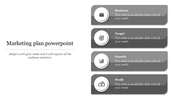 Minimalist slide featuring a four-step framework with Business and Profit, represented in gray banners with icons.
