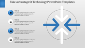 Four arrows pointing toward the center in blue and white, with technology icons and titles listed on the left side.
