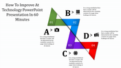 Zigzag path infographic with four colorful segments in green, blue, purple, and red, labeled A, B, C, and D with icons.