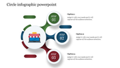 Three-step infographic with circles and connecting lines, central store icon, and text placeholders on the right.