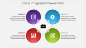 Circular infographic with four colorful sections in purple, blue, green, and red, surrounding a central briefcase icon.