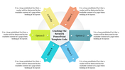 Network PPT slide with six colored options arranged around a central circle, each with a white dot and accompanied by text.