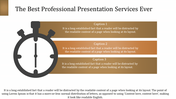 Professional PowerPoint template with a stopwatch and three captions for presentation service descriptions.