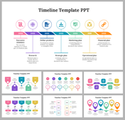  A colorful timeline with stages for business planning, including icons and text boxes aligned with year markers.