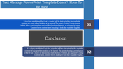 Slide with two horizontal blue bars with text, numbered 01 and 02 on the right, and a central gray conclusion section.