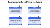 PowerPoint slide with four captioned sections, each featuring blue infographic boxes with paperclip icons.