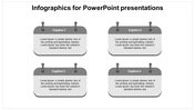 Infographic with four gray clipboard style text blocks, each featuring a caption at the top and placeholder text below.