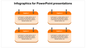 Four orange sticky notes with pins at the top, each with space for text in a 2x2 grid on a white background.