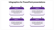 PowerPoint slide with four captioned sections, each featuring purple infographic boxes with paperclip icons.