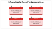 Infographic with four red clipboard style text blocks, each featuring a caption at the top and placeholder text below.
