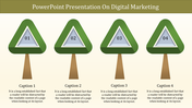 Digital marketing template with four stylized trees, each containing silver triangular labels numbered and caption areas.