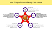 Marketing plan diagram with a red star at the center, five surrounding purple pentagons numbered 01 to 05, and caption areas.