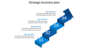 Strategic business plan PowerPoint template with four blue steps in an arrow model and text sections.