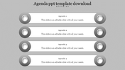 Horizontal list of four agenda items with circular icons on both sides, set against a gray background.
