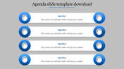 Agenda slide with four horizontal white bars labeled Agenda 1 to 4, each with blue icons on both ends and gray background.