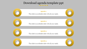 Agenda sample PPT template with four horizontal sections, each featuring a yellow circular design and text placeholders.