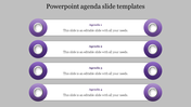 Agenda layout with four stacked white bars, each titled and bordered by purple circular icons, set on a gray background.