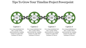 A PowerPoint slide showing a timeline project with four linked circles and captions describing each phase.