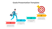 Business goal infographic with a man climbing four colorful steps leading to a red bullseye target with yellow arrow.